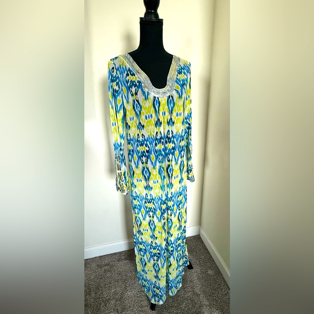 INC International Concepts Ikat sequin semi sheer maxi cover dress size M